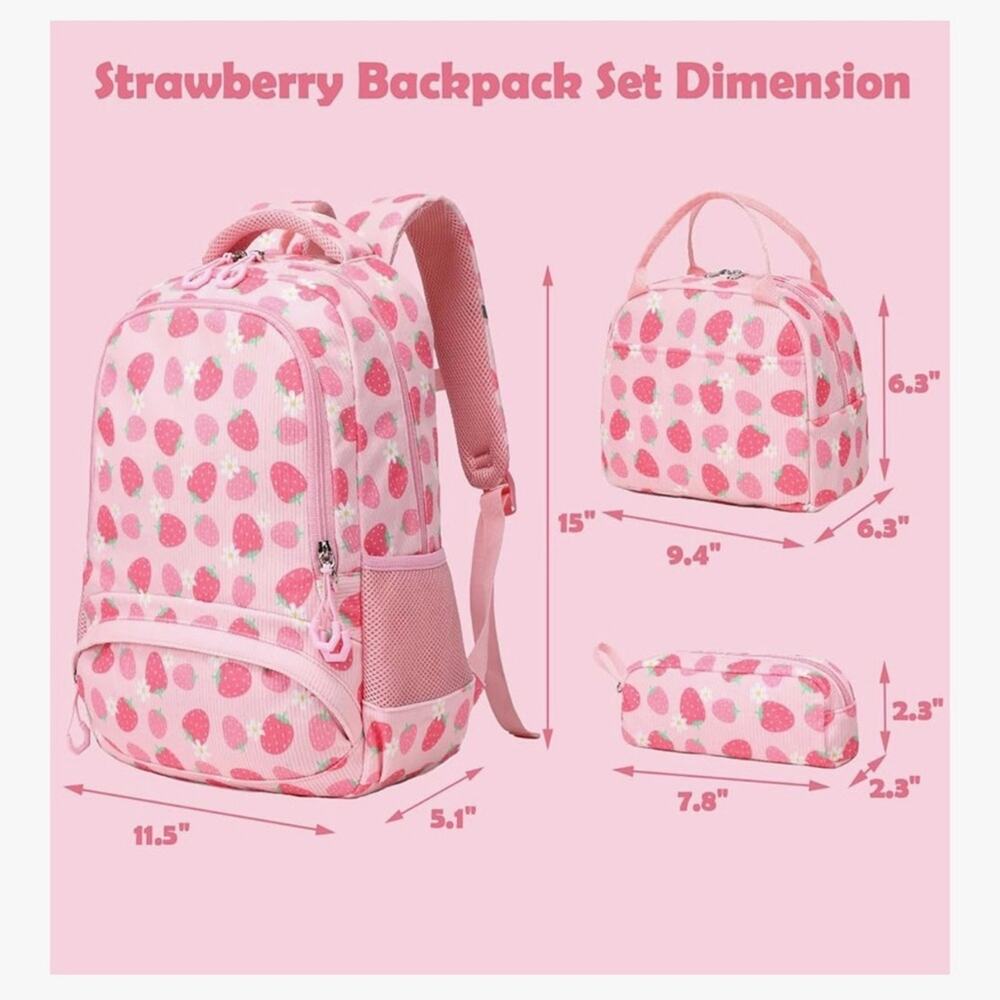 NWOT Charming Pink Strawberry Kids Backpack, lunch bag, pencil case - Picture 2 of 10